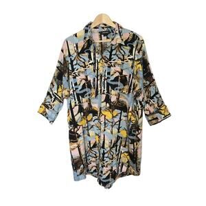 MonkL Abstract Forest Print Shirt Dress M Button Front Artsy Oversized Tunic